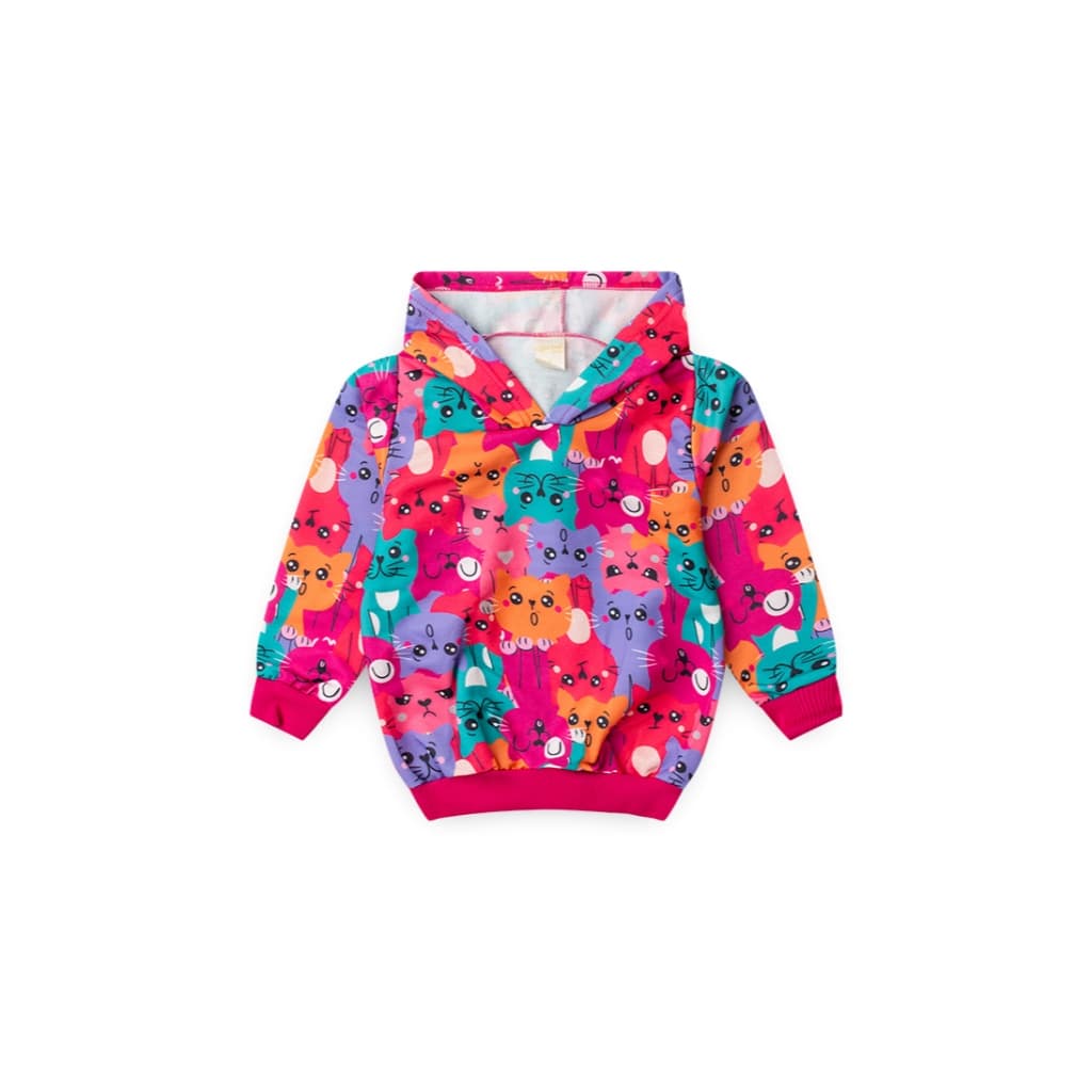 Blusão Inverno Menina Pink Com Capuz em Moletom Gatinhos Coloridos