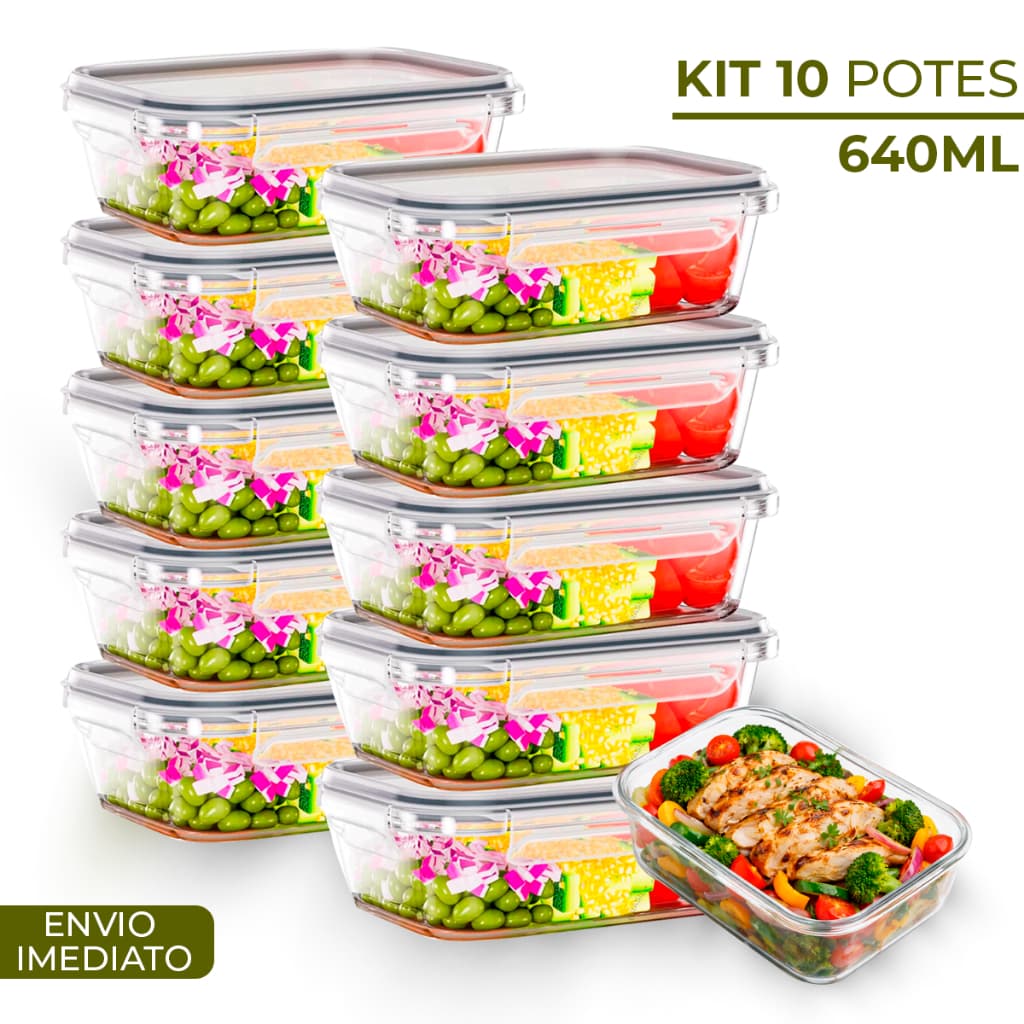 Conjunto 10 Potes 640ml Vidro Hermético 4 Travas Marmita