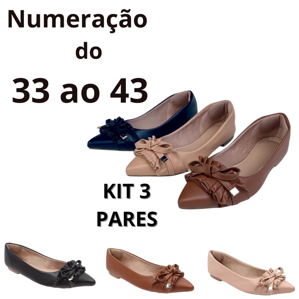 kit 3 sapatilhas bico alongado com detalhe sanfonado Preto+Caramelo+Nude