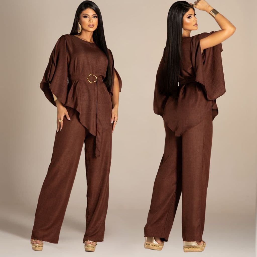 ⁠Conjunto Blusa Calça e Pantalona Tecido Crepe dunas Elegante Soltinha Perna Larga Wide Leg Com Cinto Manga Compida