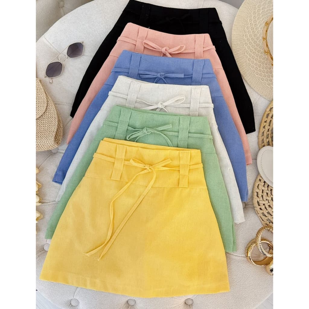 Short Saia Feminino em Linho Alfaiataria Cintura Alta com Faixa Ajustável – Verão 2026 | Look Copa do Mundo & Carnaval