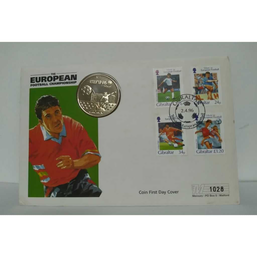 Envelope Filatélico Primeiro Dia - Campeonato de Futebol Euro 96 – Gibraltar 4 selos e moeda 1 crown