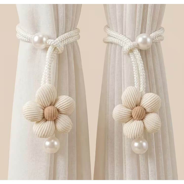 2 Peças de Amarradores de Cortina Trançados Boho com Detalhe em Pérola - Suportes para Cortinas