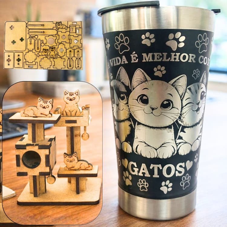 Copo Térmico Personalizado 360°  Gatos 500 ml Qualidade Premium + Quebra cabeça 3D Enfeite Mdf Gatos
