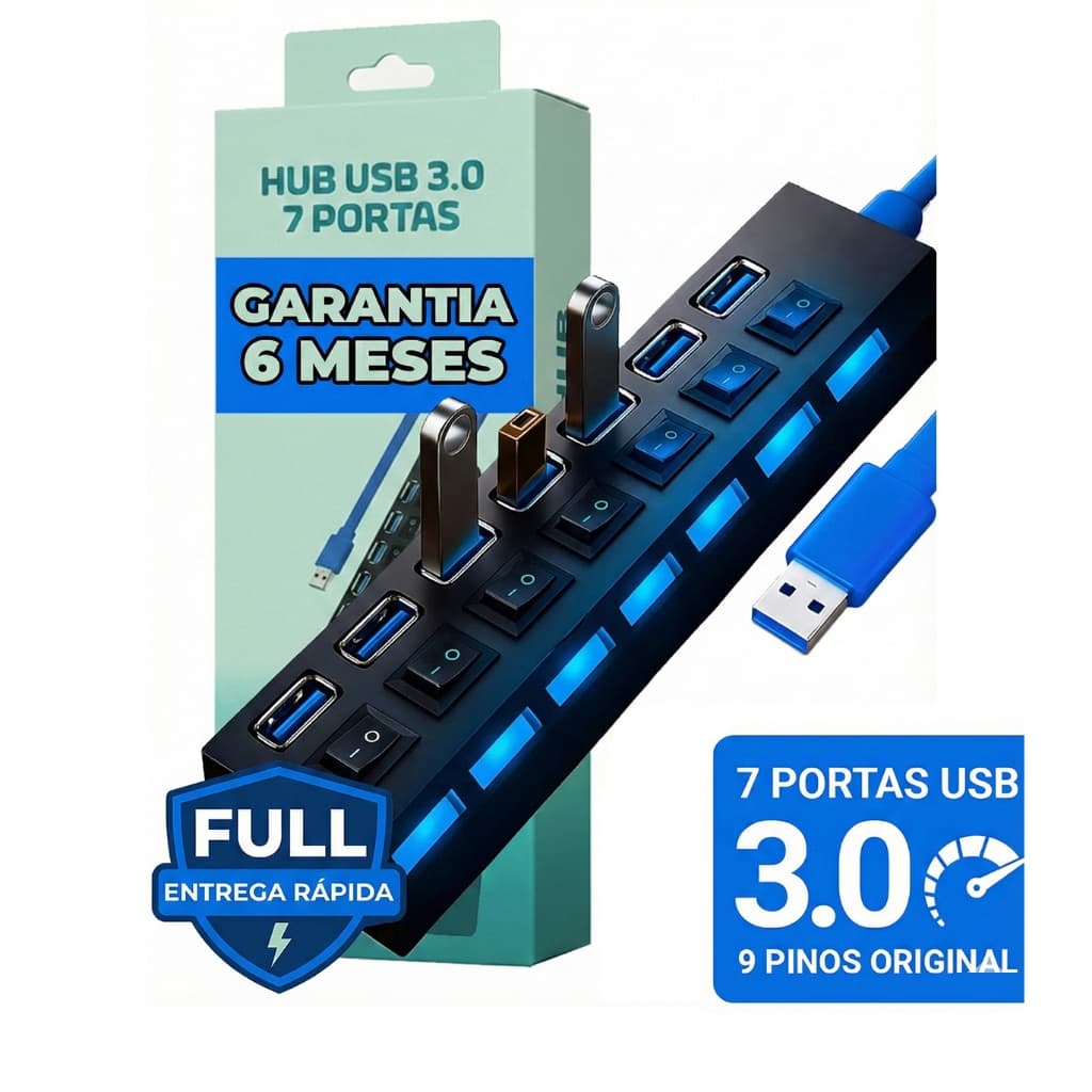 Régua Hub USB 3.0  7 ou 4 Entradas 5Gbps Excelente Taxa de Transferência Conecta Diversos Aparelho