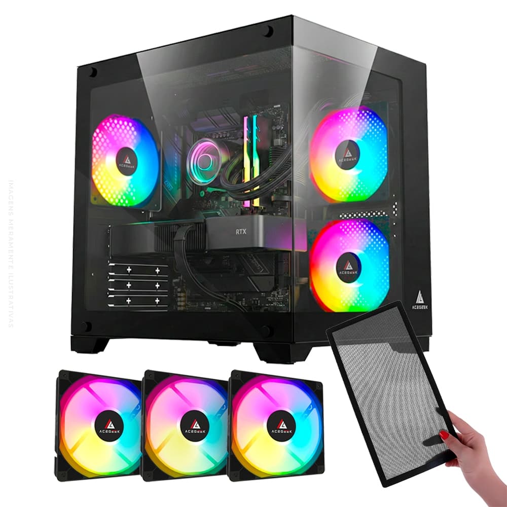Gabinete Gamer Acegeek Gimli, Rainbow, Mid-Tower, Lateral de Vidro, Com 3 Fans, Preto AG-GIMLI-BK-3F
