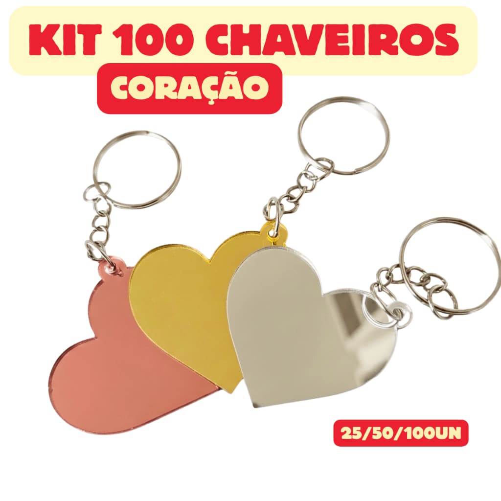 Kit 100/50/25 Chaveiros Coração em Acrílico Espelhado Prata Rose Gold e Dourado