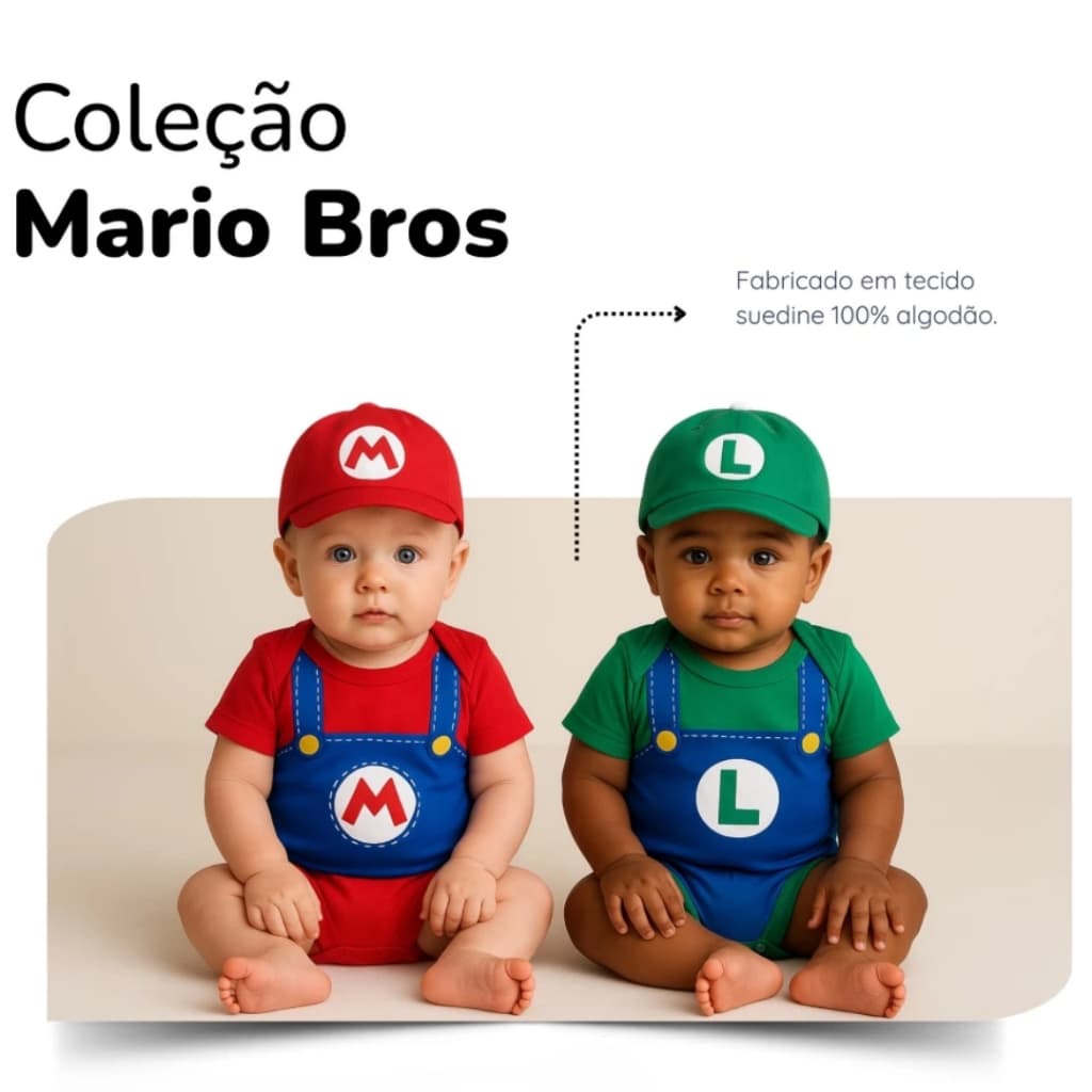 Body Bebê Menino Mêsversário Temático Do Super Mario Bros - Manga Curta, Suedine 100% Algodão