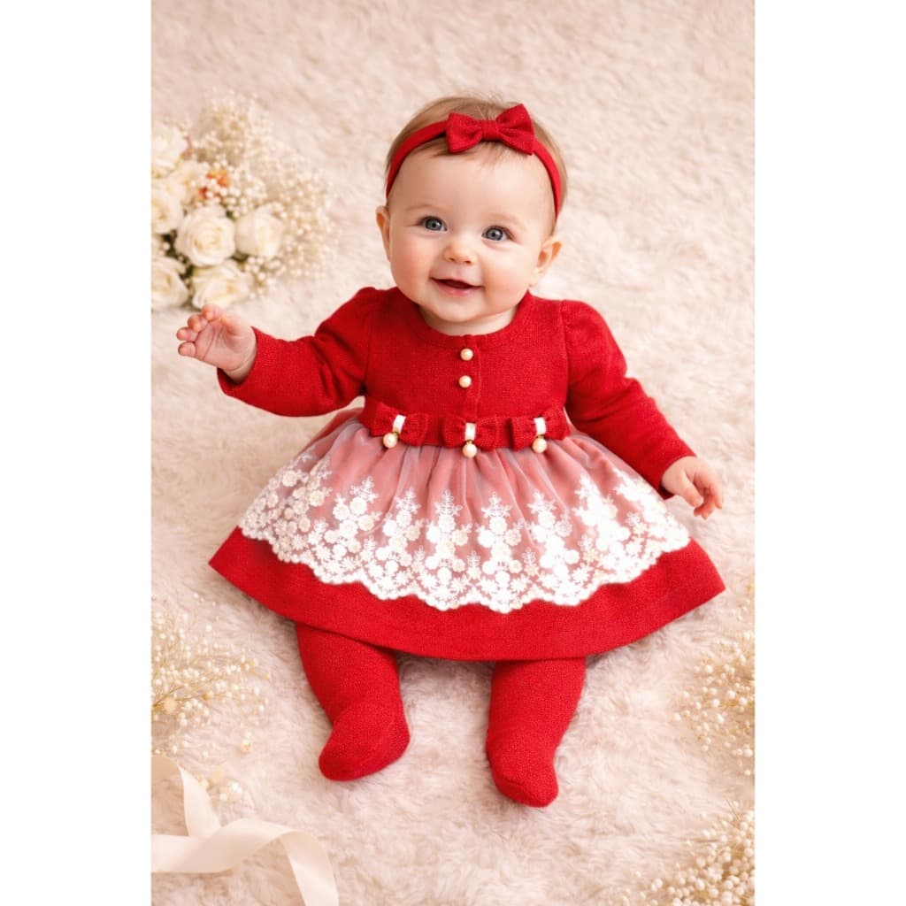Saída De Maternidade Conjunto 3 Peças Menina Vestido em Tricô com Renda para Recém Nascido