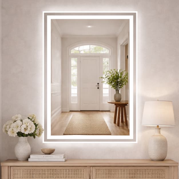 Espelho Retangular Grande 80x50cm Jateado Iluminação Led Touch com Fonte Parede Decorativo Banheiro