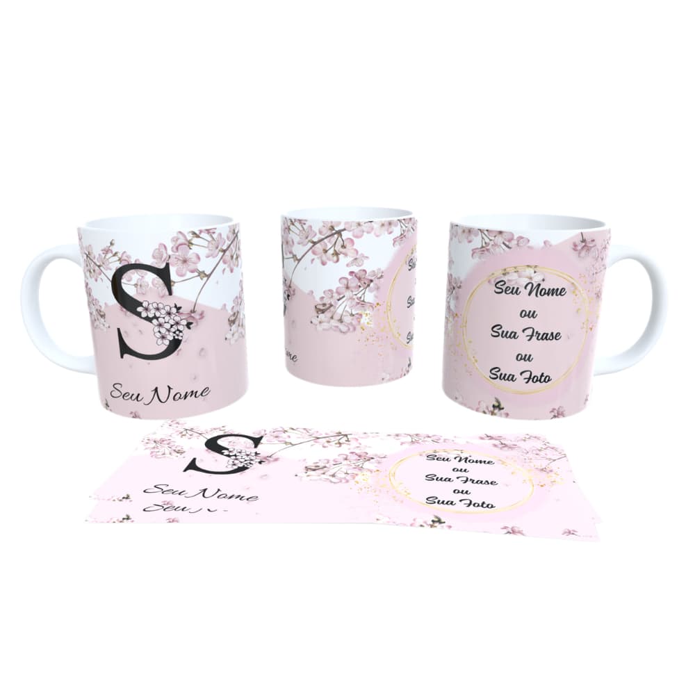Caneca Xícara Feminina Porcelana Floral Cerejeira Personalizada Nome e Frase