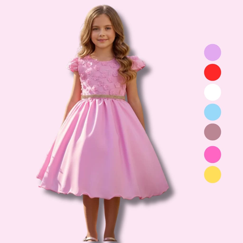 Vestido Juvenil Curto Com Aplicações de Flores Elegante