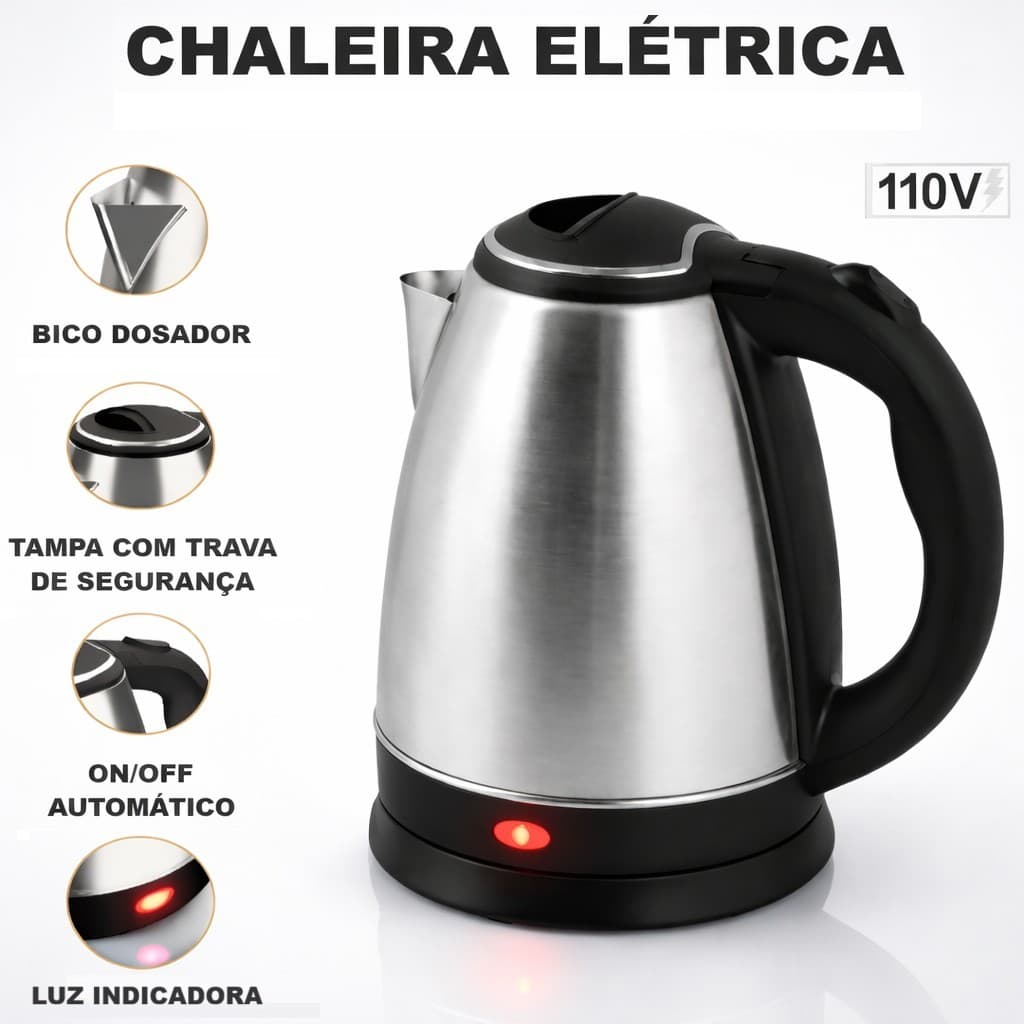 Chaleira Eletrica Inox 1.8L 127V 1000W Desligamento Automatico Base 360 Ideal Cafe Cha Ferve Água
