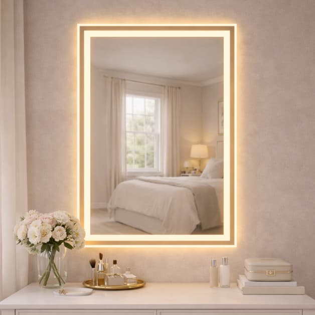 Espelho Retangular Jateado com 3 Cores LED Touch Vertical Decorativo de Parede