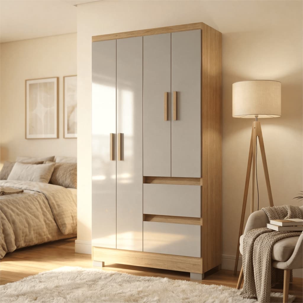 Guarda Roupa Compacto Solteiro 4 Portas 2 Gavetas Off-White Nápoles Poquema