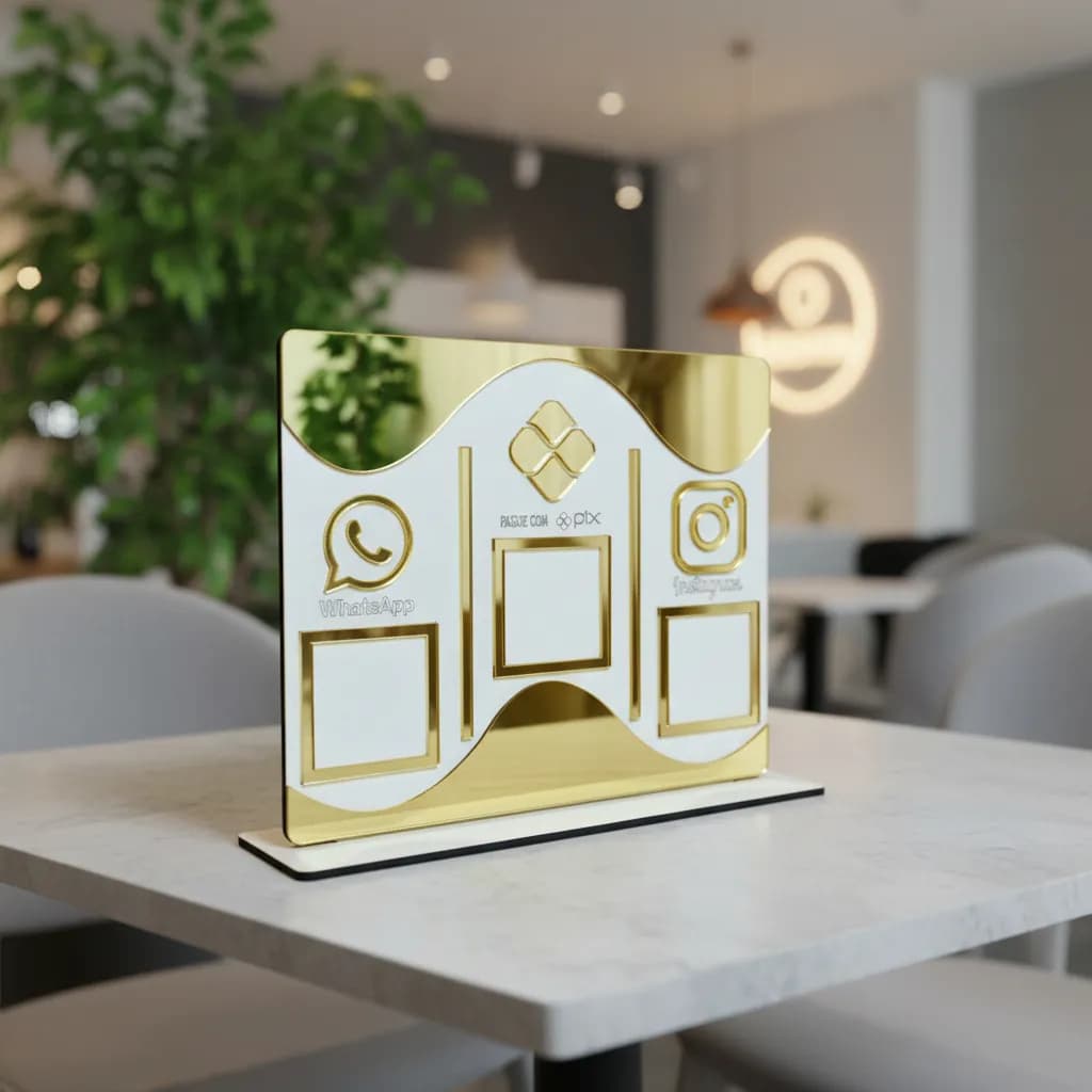 Placa Display de Mesa e Balcão para QR Code WHATSAPP PIX INSTAGRAM no MDF Branco e Acrílico Colorido
