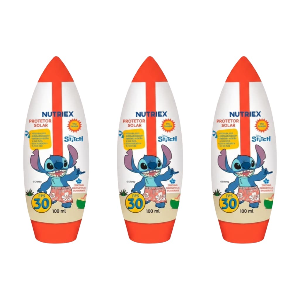 Kit 3 Protetor Solar Infantil Stitch FPS 30 Cuide de Quem Você Ama 100ml Estoque Limitado