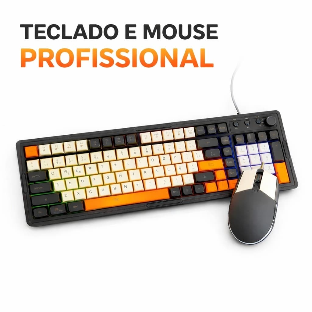 Kit Teclado e Mouse Gamer RGB com Fio | 98 Teclas | Semi Mecânico com Controle de Volume