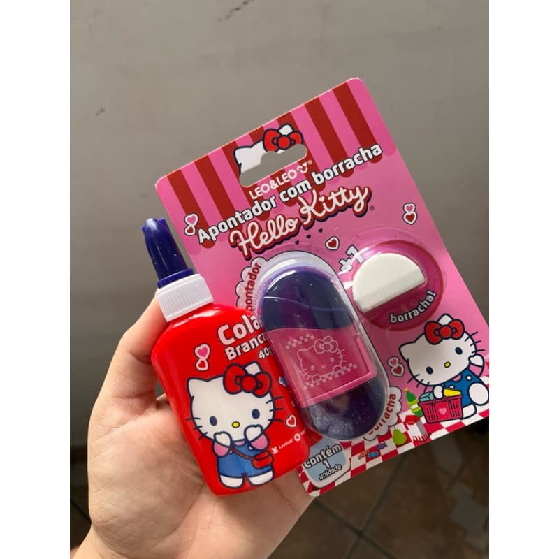 🎀🐱 Kit Hello Kitty – Apontador + Borracha + Cola Líquida 💖
