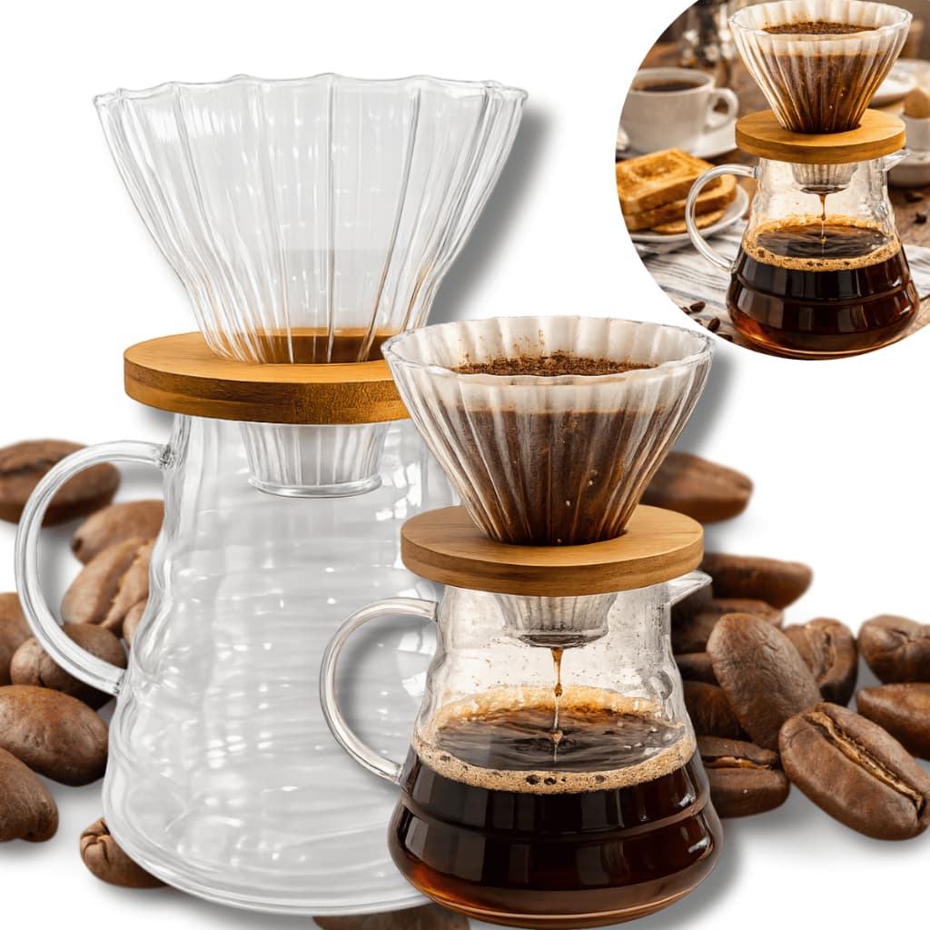 Conjunto Coador Filtro Para Café De Vidro + Jarra e Bocal Em Bambu 600ML