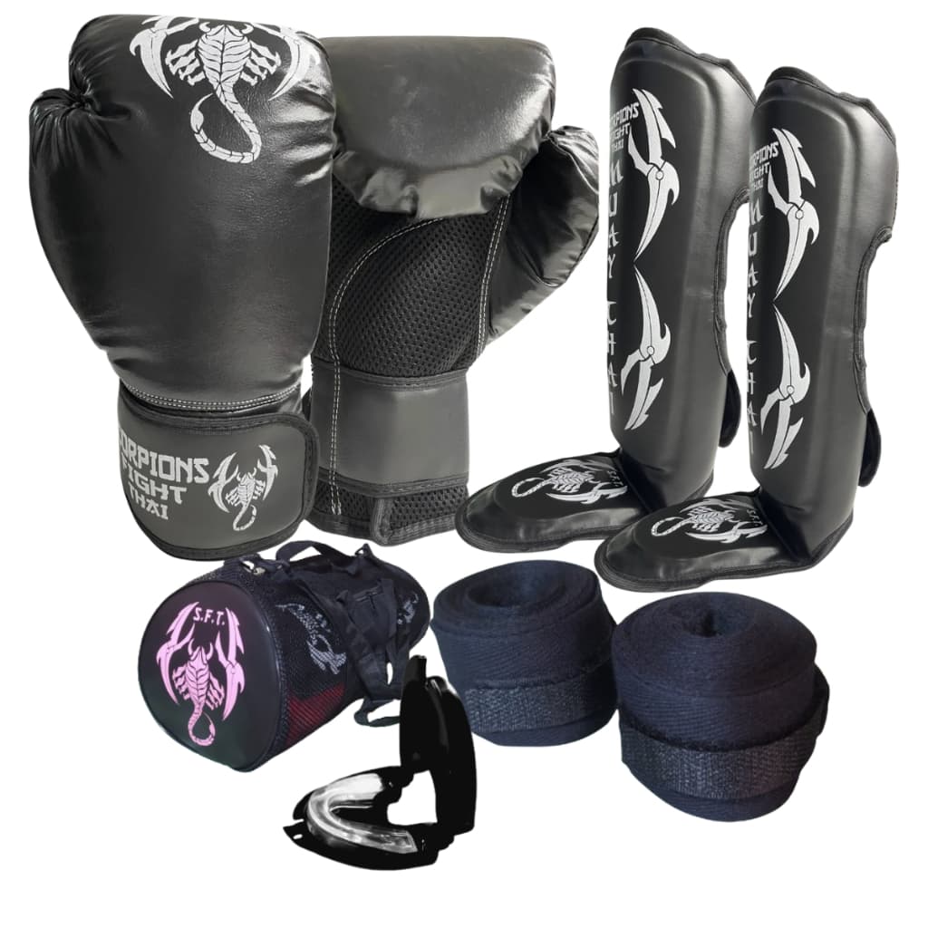 Kit Boxe Muay Thai Kickboxing Luva+caneleira+bucal+bandagem+bolsa