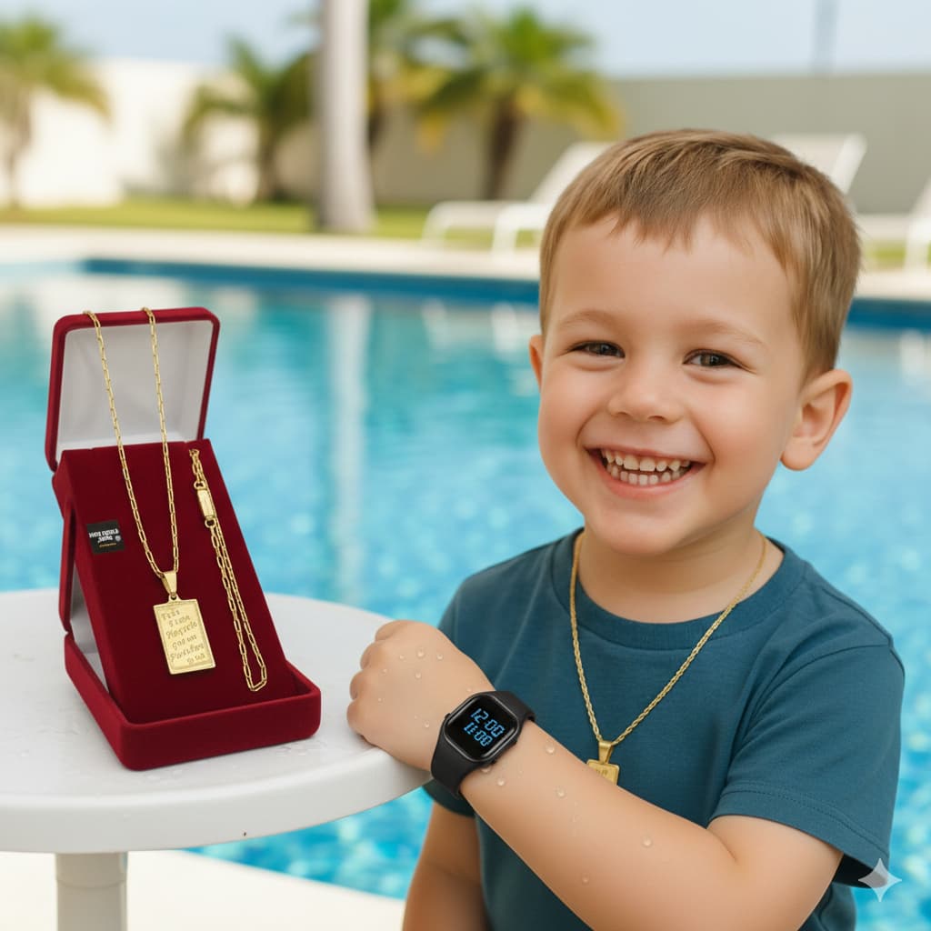 Kit Menino Corrente 2mm + Pingente + Relógio Prova D’Água