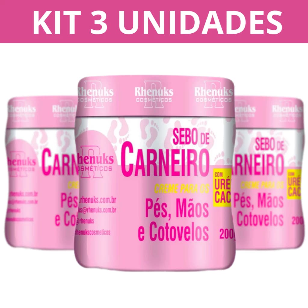 Kit 3 Sebo de Carneiro Creme para Pés, Mãos e Cotovelos 200g Rhenuks