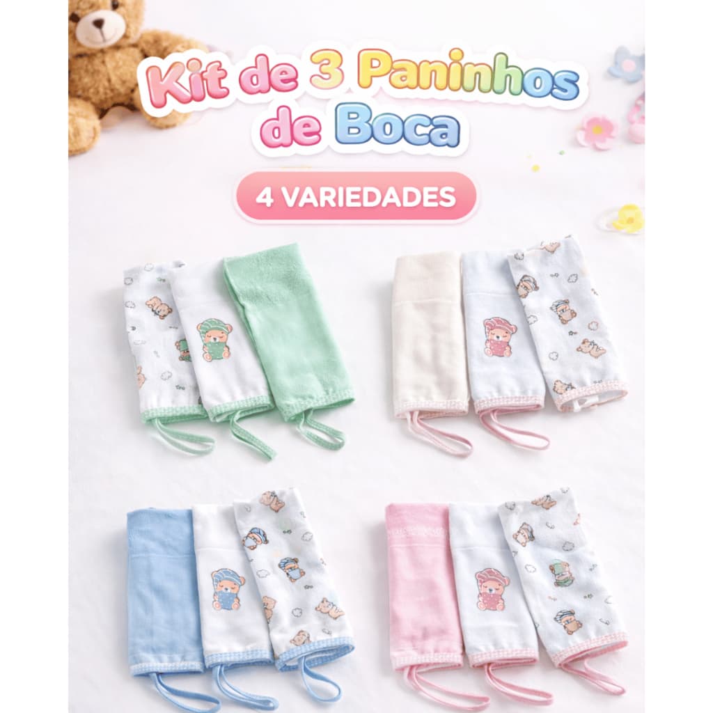 KIT 3 PANO DE BOCA COM PRENDEDOR DE CHUPETA 100% ALGODÃO 34 X 34CM ENXOVAL DE BEBE INCONFRAL URSINHO