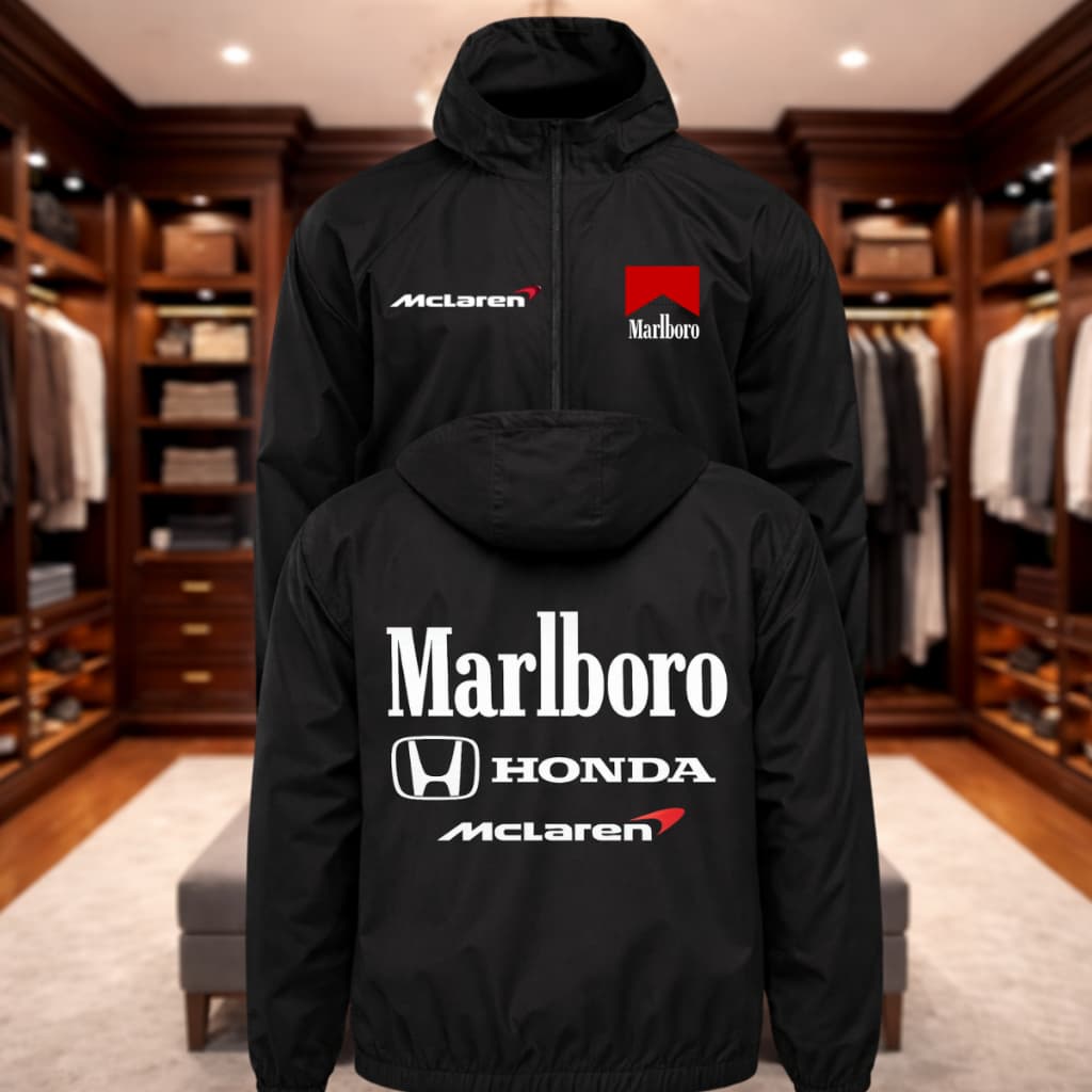 Corta Vento Masculino F1 Marlboro Impermeável Jaqueta Leve com Capuz Tecido Premium Bolso Interno