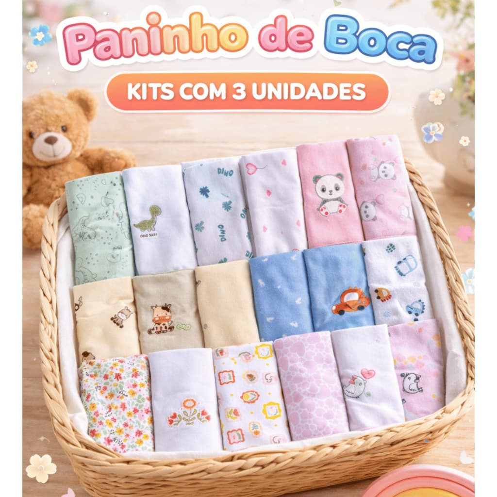Kit 3 Toalhas de Boca Bebê 30x35 Pano de Boca Algodão Jardim/Panda Rosa/Dino/Marinheiro Enxoval Bebe