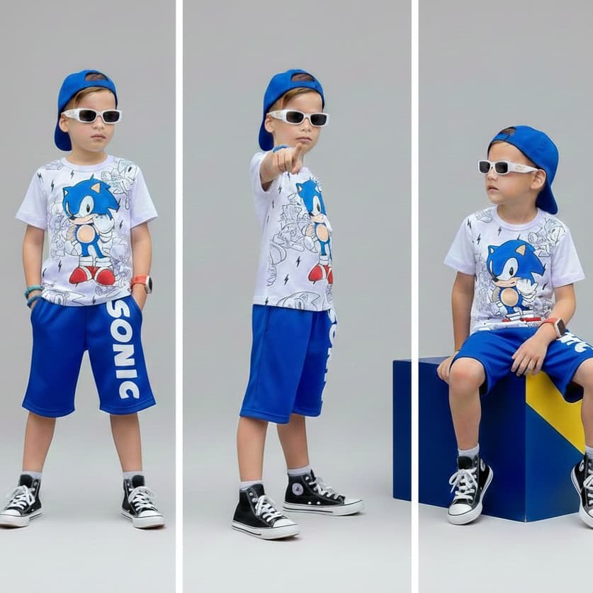 Conjunto Infantil Juvenil Sonic Menino Camisa Camiseta + Bermuda Masculina Infantil Dry Fit Personagem