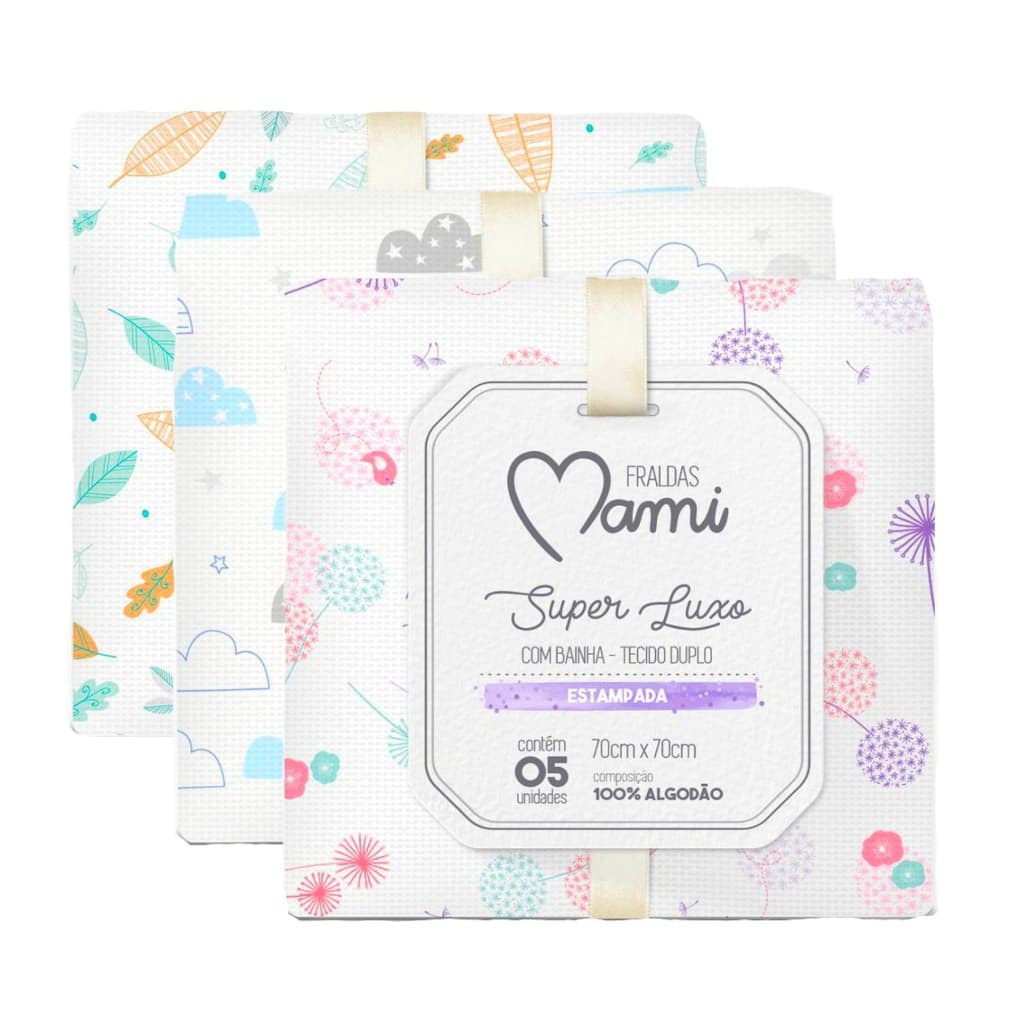 Fralda Super Luxo Bebê 5 Unidades Estampada Com Bainha e Tecido Duplo 100% Algodão 70 cm x 70 cm