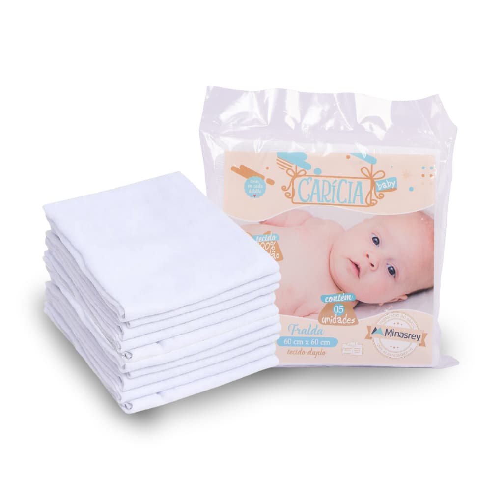 Kit 5 Unidades Fralda De Pano Fina Simples Branca Bebê 60 cm x 60 cm 100% Algodão Minasrey