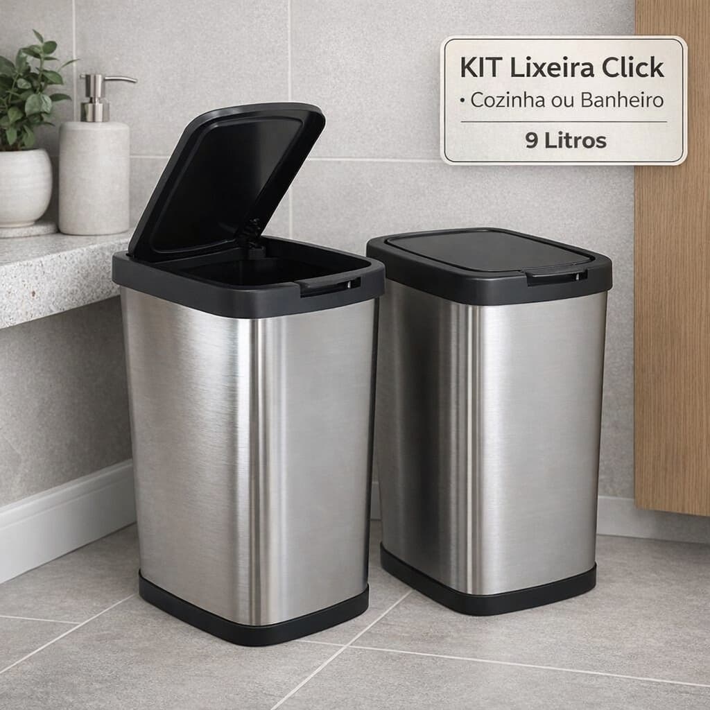 Kit Lixeiras 9 Litros Com  Tampa Click  Label Metalizada Inox Cozinha Banheiro