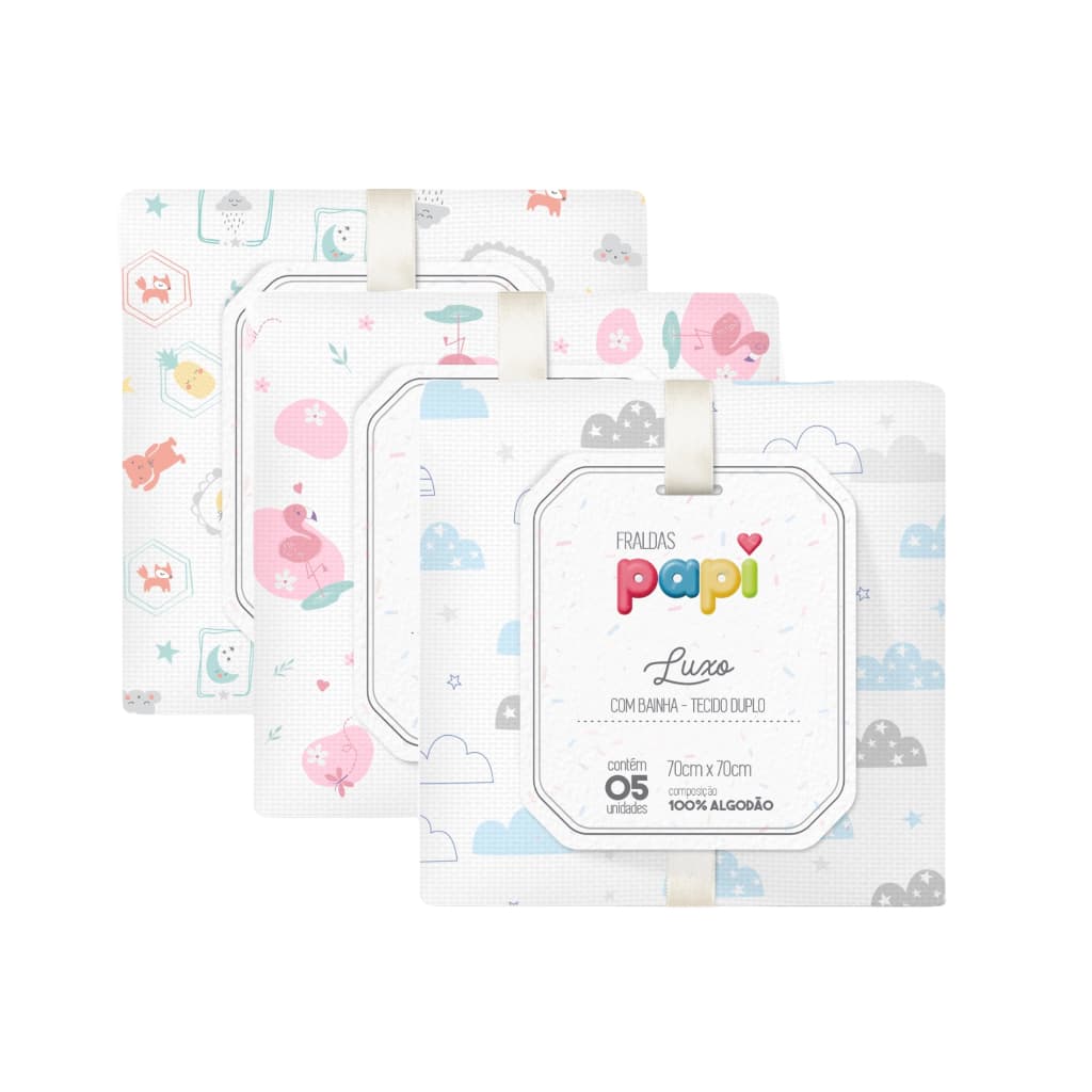 Fralda Papi Luxo Bebê Estampada Com Bainha e Tecido Duplo 5 Unidades 100% Algodão 70 cm x 67 cm