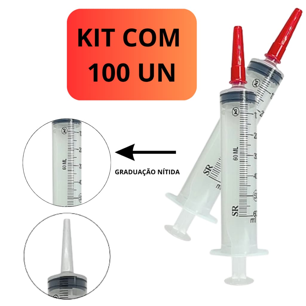 KIT SERINGAS 60ML BICO CATETER  SEM AGULHA DESCARTAVEL 20/50/100 UNIDADES
