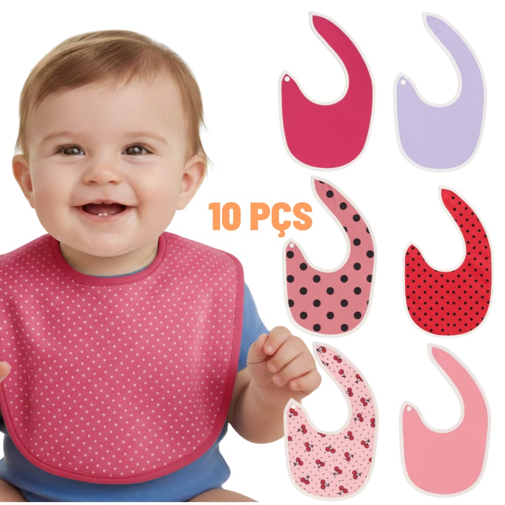 Kit C/10 Babador Infantil Dupla Face Menina 2 Ajustes Cores Sortidas