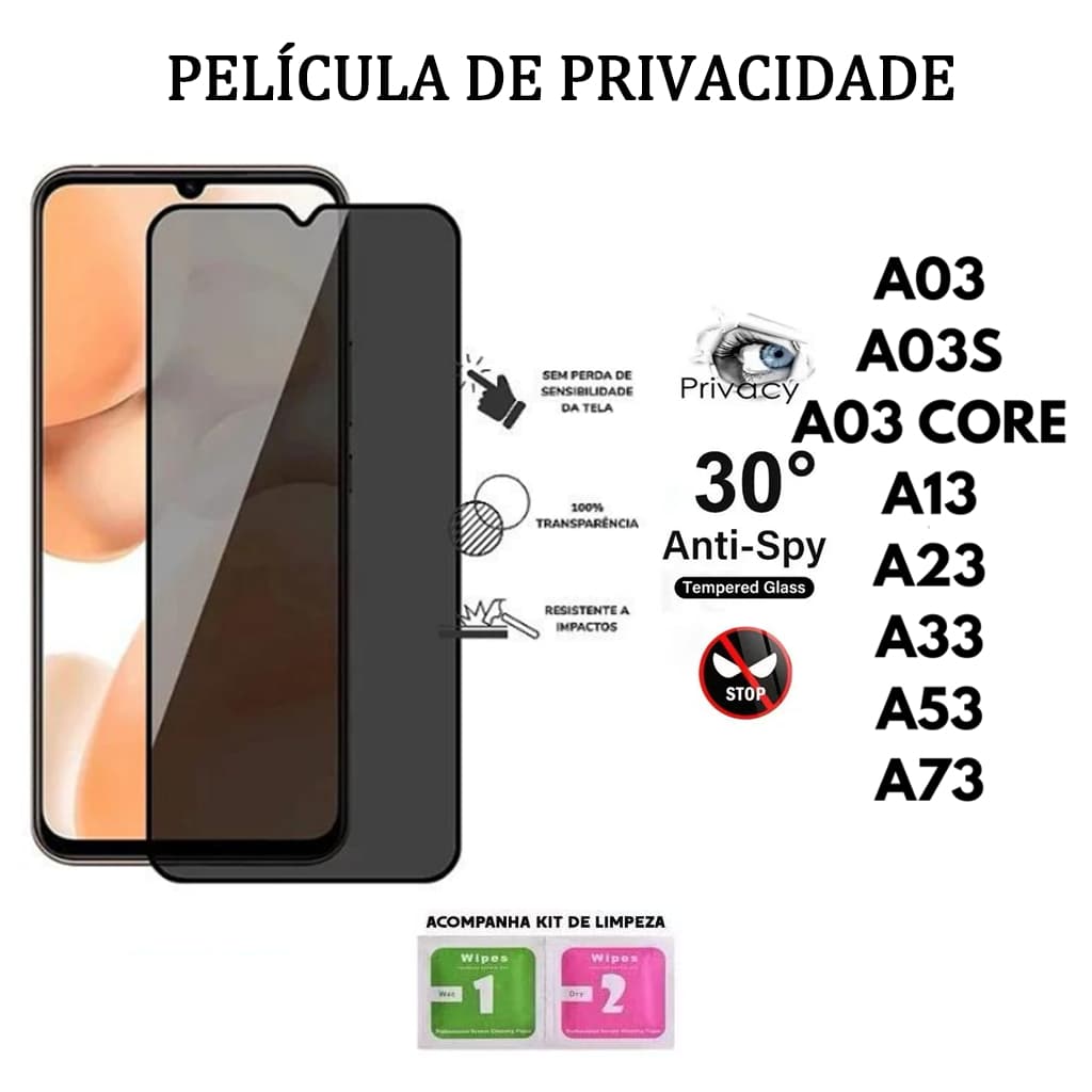Película De Privacidade 3D Vidro Temperado Anti-Spy Para Samsung A03 A03S A03 CORE A13 A23 A33 A53 A73