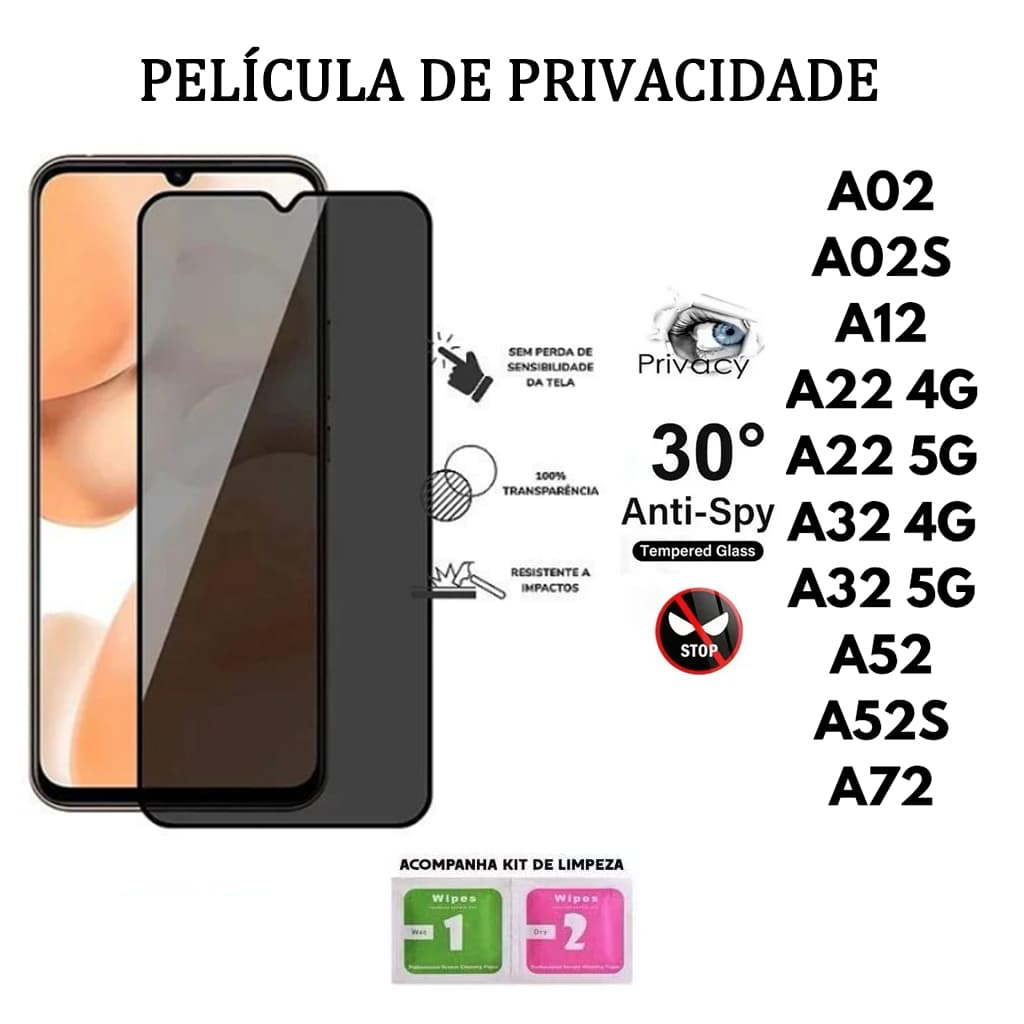 Película De Privacidade 3D Vidro Temperado Anti-Spy Para Samsung A02 A02S A12 A22 4/5G A32 4/5G A52 A52S A72
