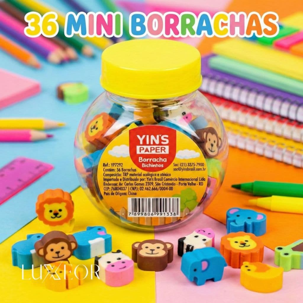 Potinho 36 Mini Borrachas em Formato de Bichinhos Borrachinha Material Escolar Volta as Aulas