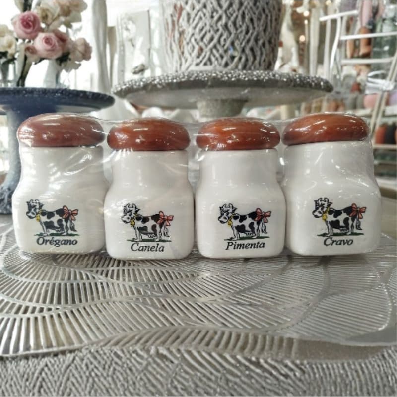 kit 4 Porta Tempero Com Tampa em Porcelana