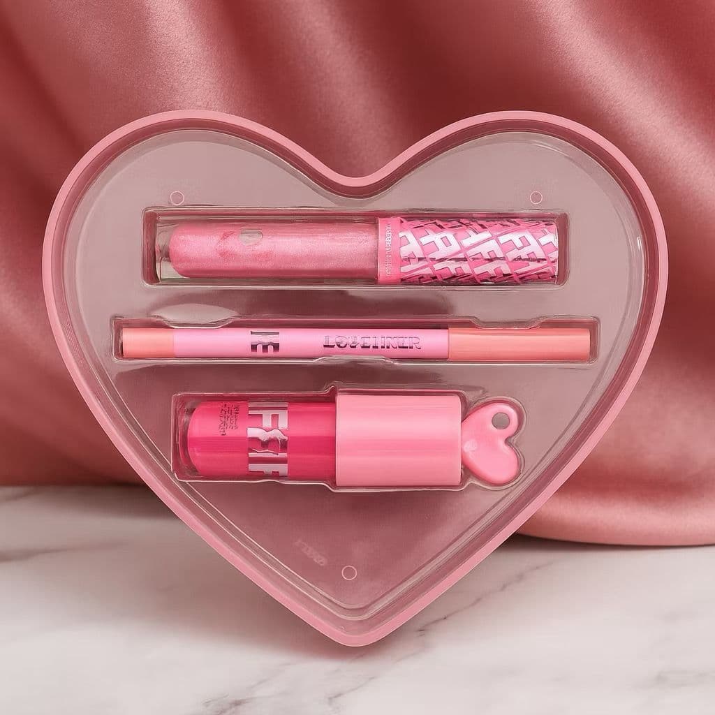 KIT LABIAL GLOSS LAPIS LABIAL PARA CONTORNO E GLOSH COM O POTE DE CORAÇÃO