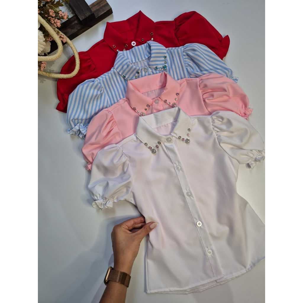 Camisa Social Infantil Menina Manga Curta Evangelica Moda Boiadeira