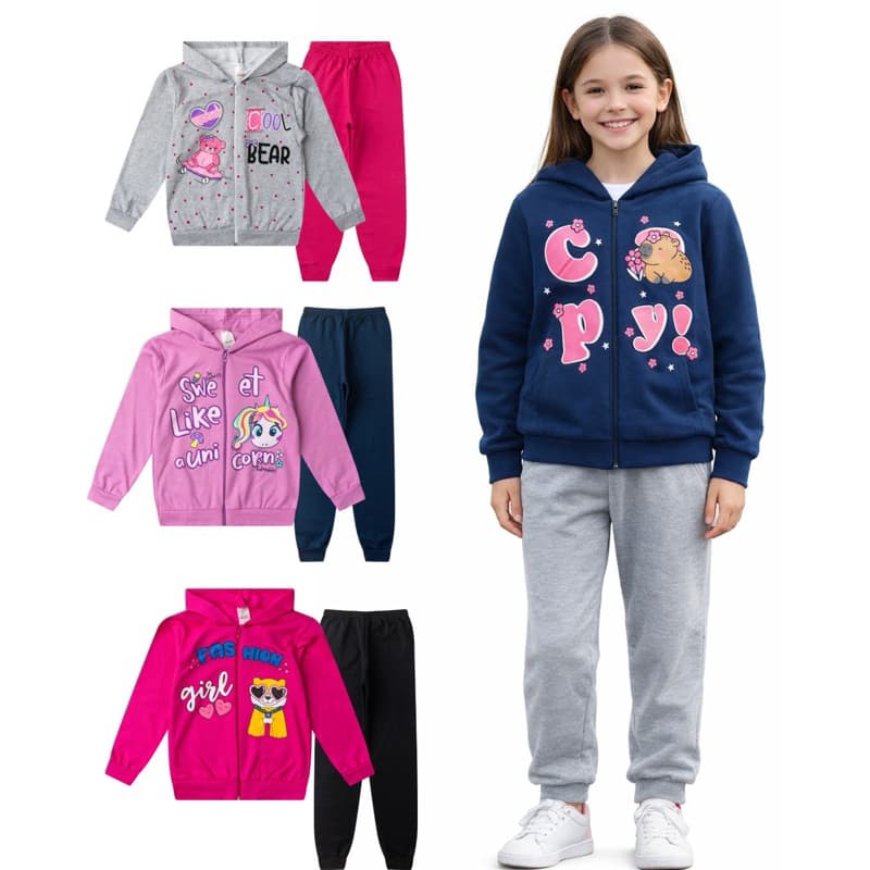 Conjunto Infantil Feminino Jaqueta Moleton c/ Zíper, Calça de Moletom
