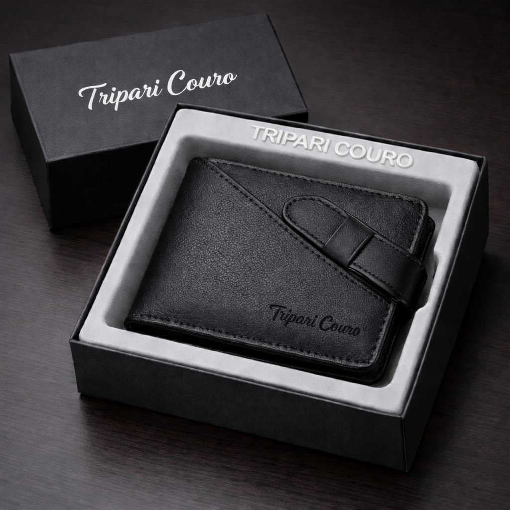 Carteira masculina couro legítimo Tripari couro Fecho cinta porta moedas cartão cnh Caixa presente