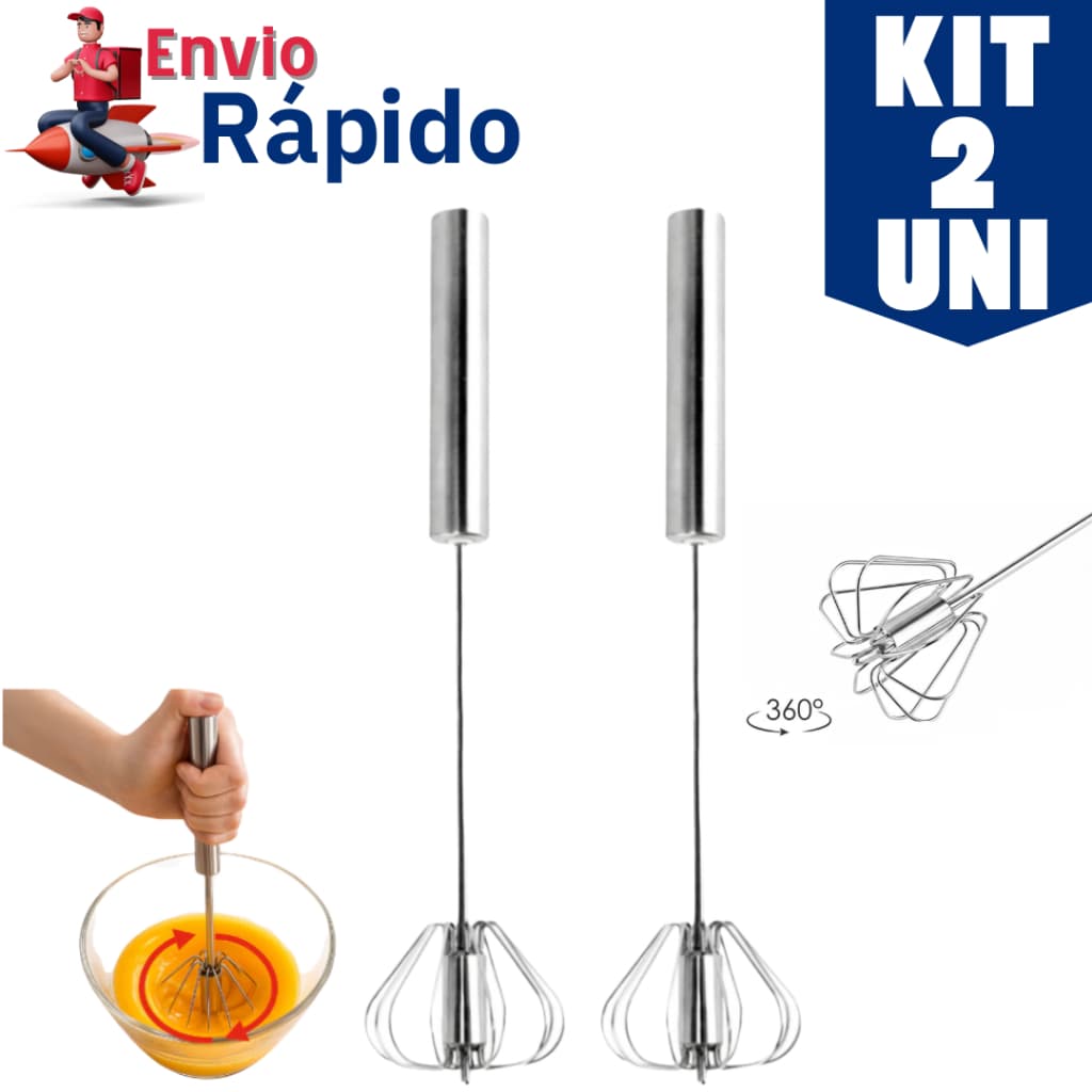 Kit 2 Mixers Semi Automáticos Inox Premium – Batedor Manual Giratório Não Usa Pilha Ideal para Ovos, Massas e Café