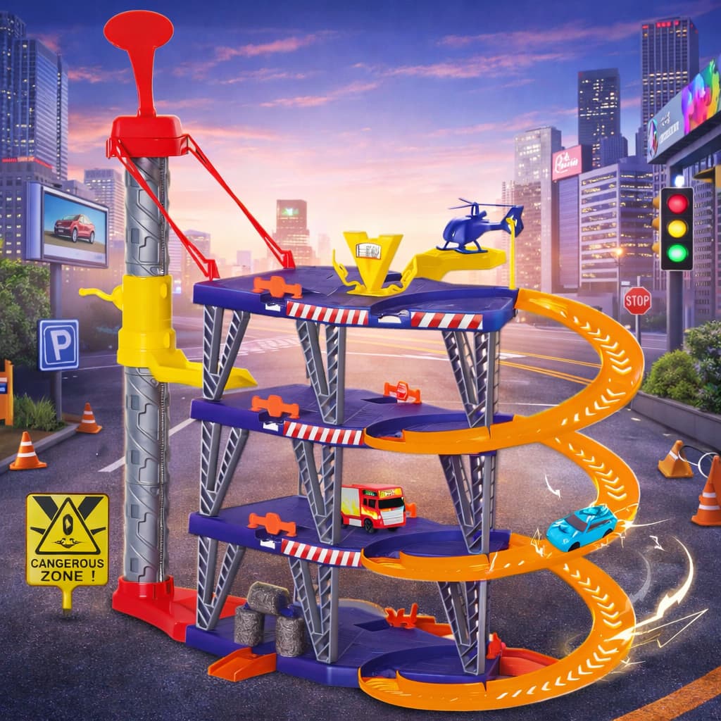 Brinquedo Pista De Carrinho Radical Mega Parking C/Carrinhos Helicóptero Posto Lava Rapido Elevador