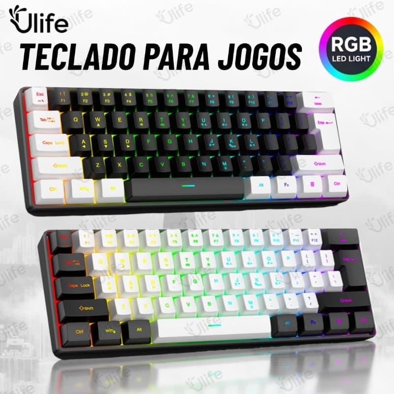 Teclado com fio 61-Key RGB Backlight Mini Compact TYPE-C Cabo de alimentação plugáve-UF