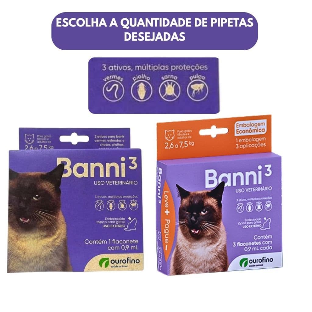 Kit 1/2/3/4/5/6 Pipetas Antipulgas Ourofino Banni 3 Gato Adulto 2,6 a 7,5k