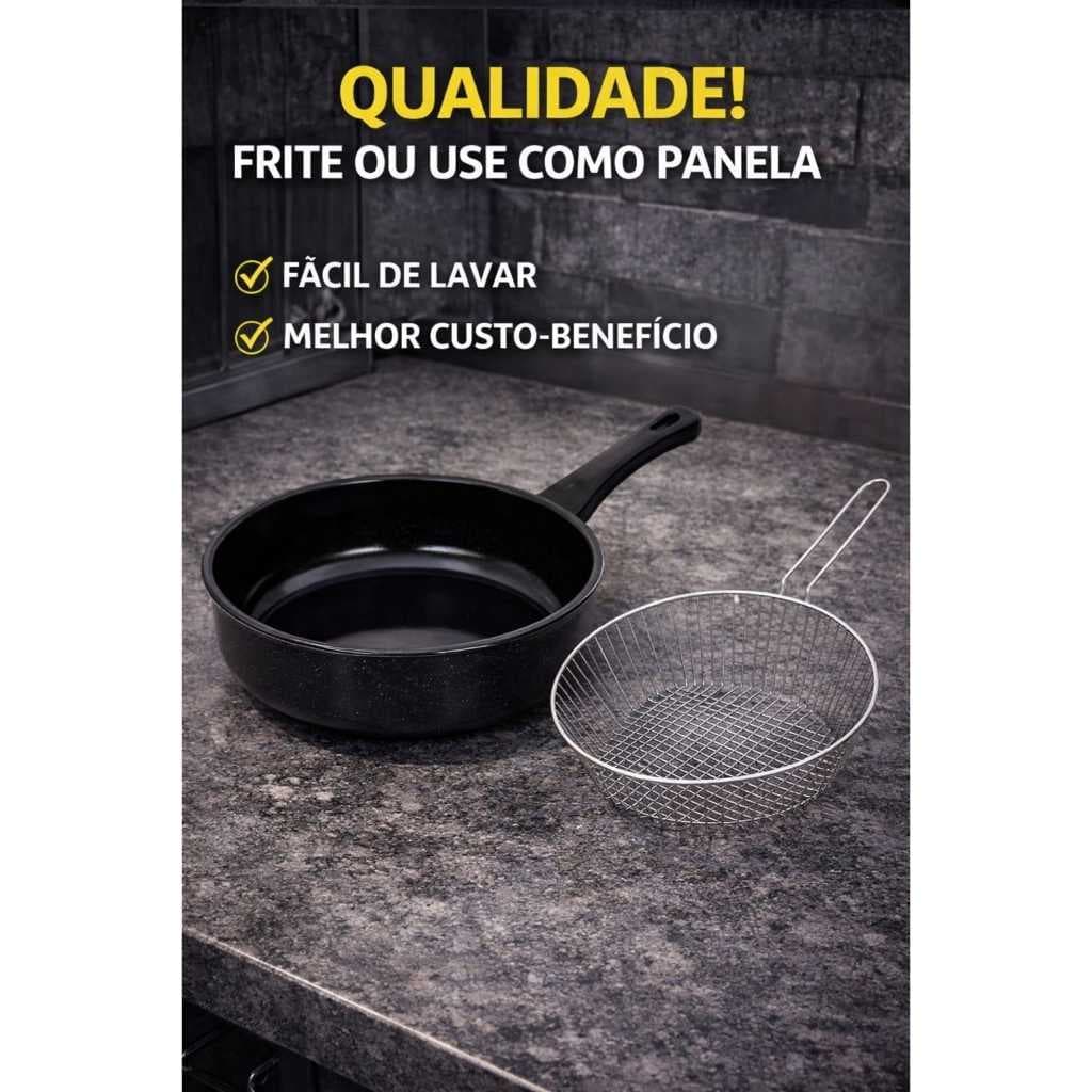 Fritadeira e Frigideira Esmaltada Cesto Aramado Cabo Baquelite 220